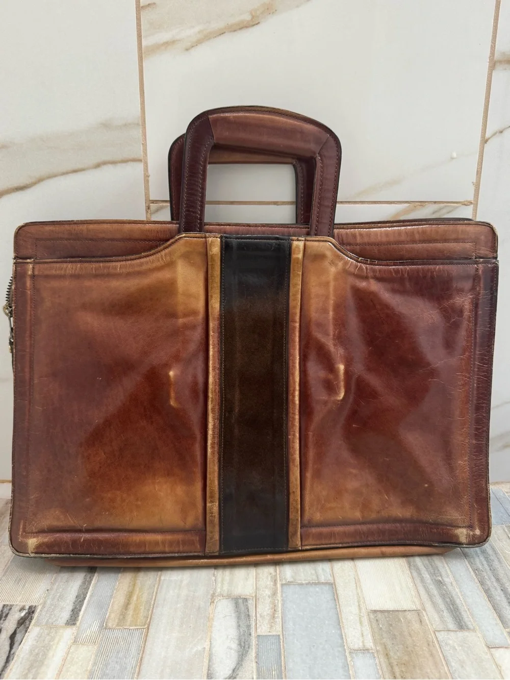 Rare vintage Oleg Cassini leather briefcase two tone leather drop handles zip